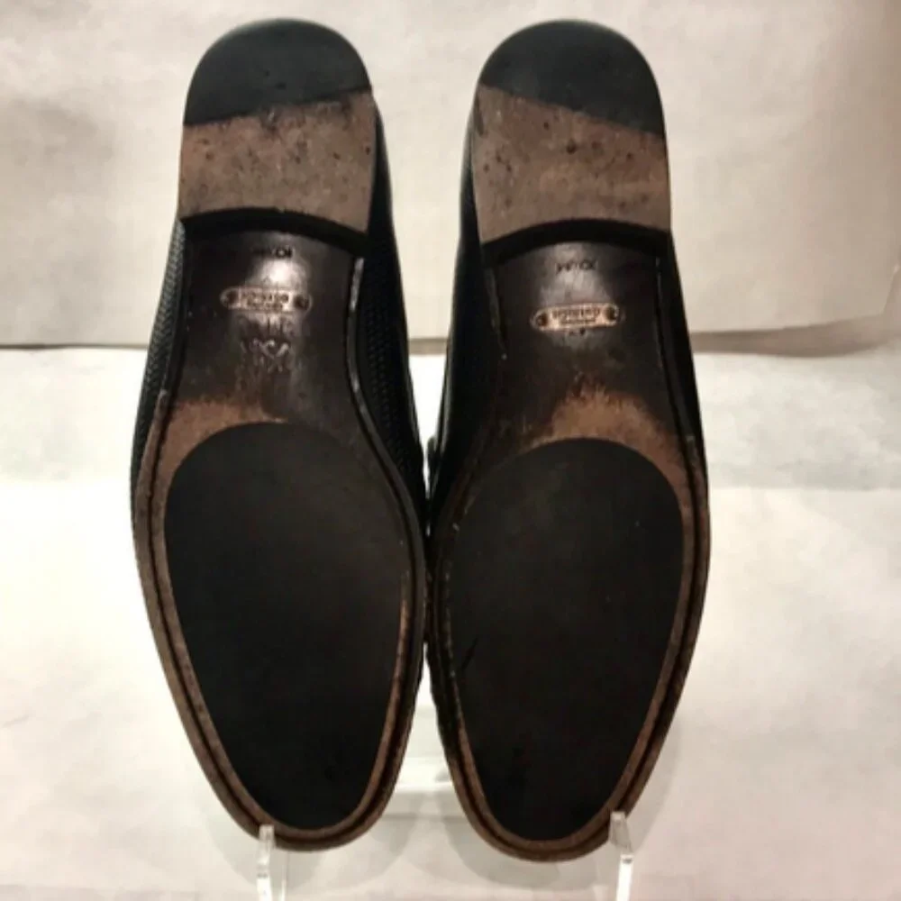 Mezlan Vesta Black Ostrich Woven Calfskin Moc Toe Bit Strap Loafers
